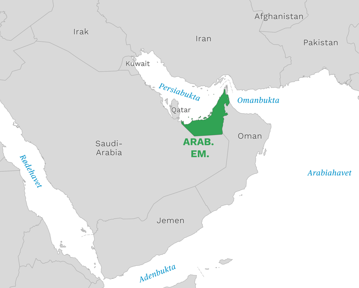 Plassering av De forente arabiske emirater med naboland rundt, kart.