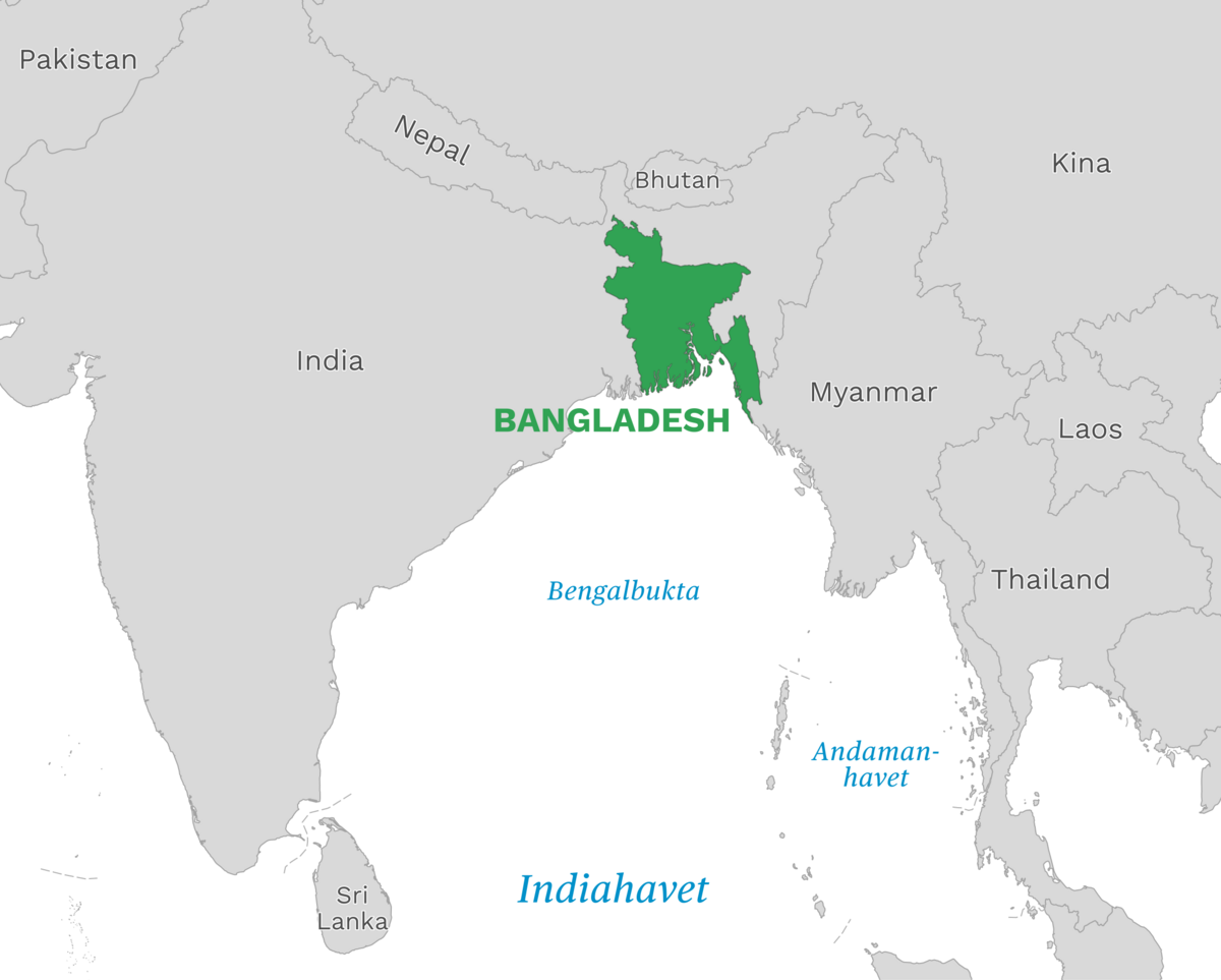 Plassering av Bangladesh med naboland rundt, kart