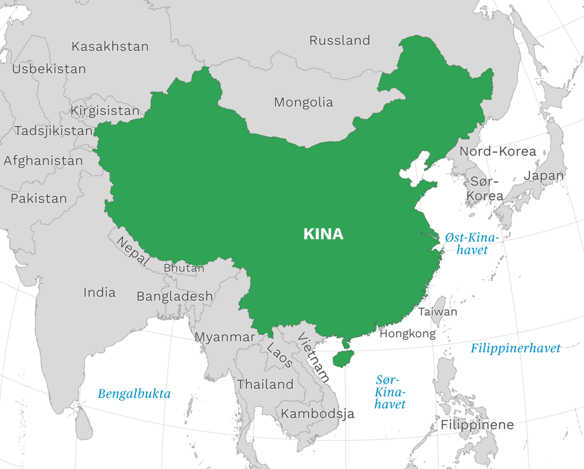 Plassering av Kina med naboland rundt, kart.