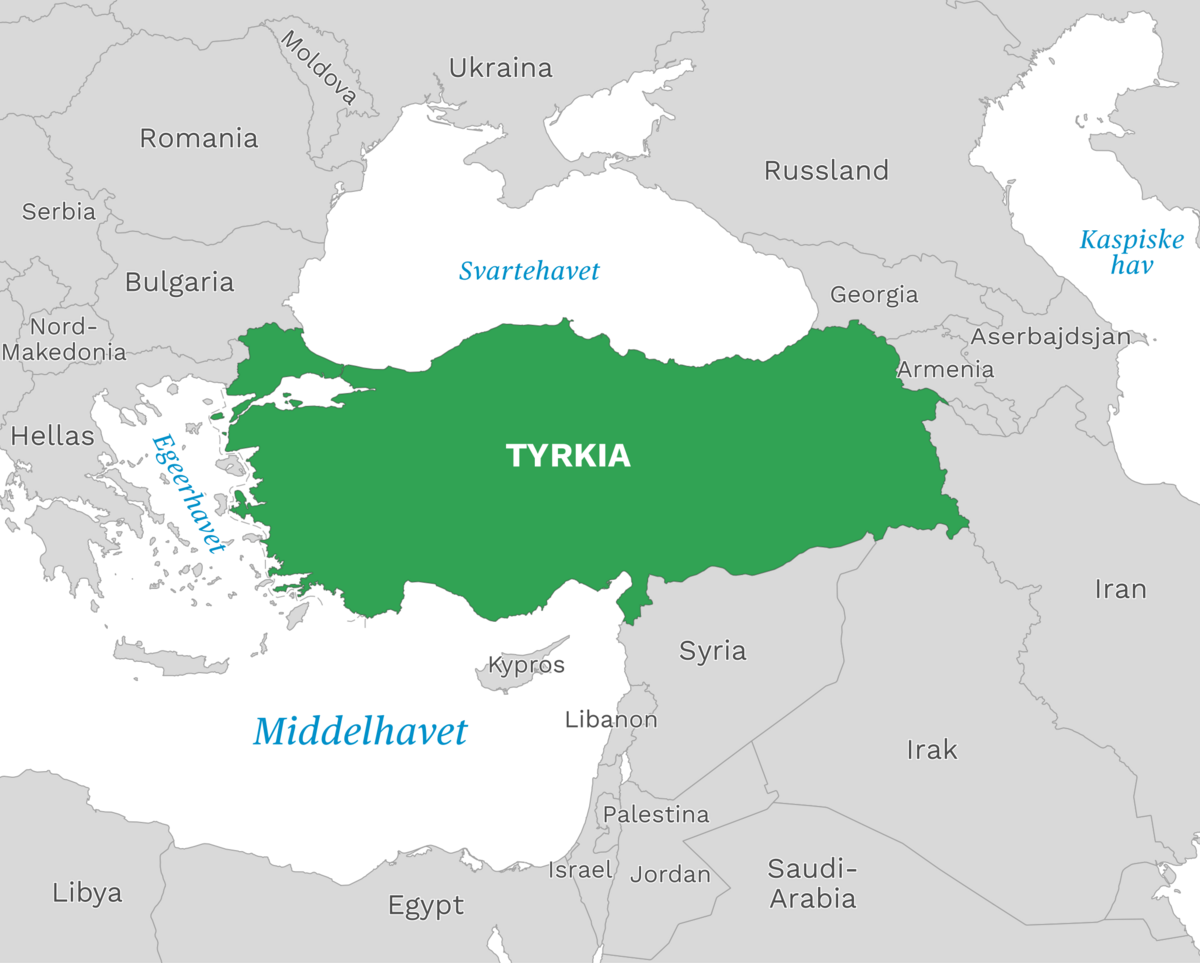 Plassering av Tyrkia med naboland rundt, kart.