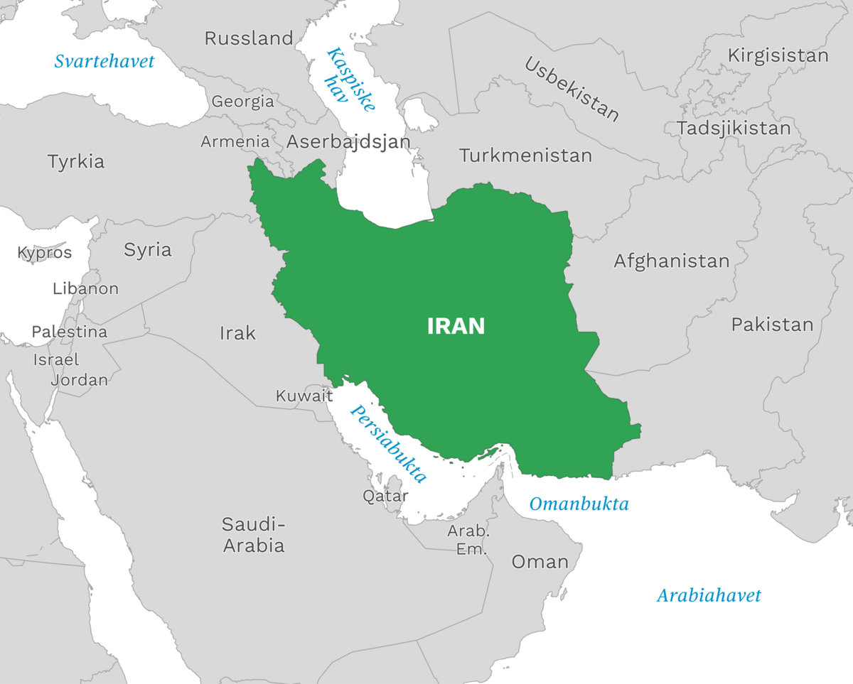 Plassering av Iran med naboland rundt, kart.