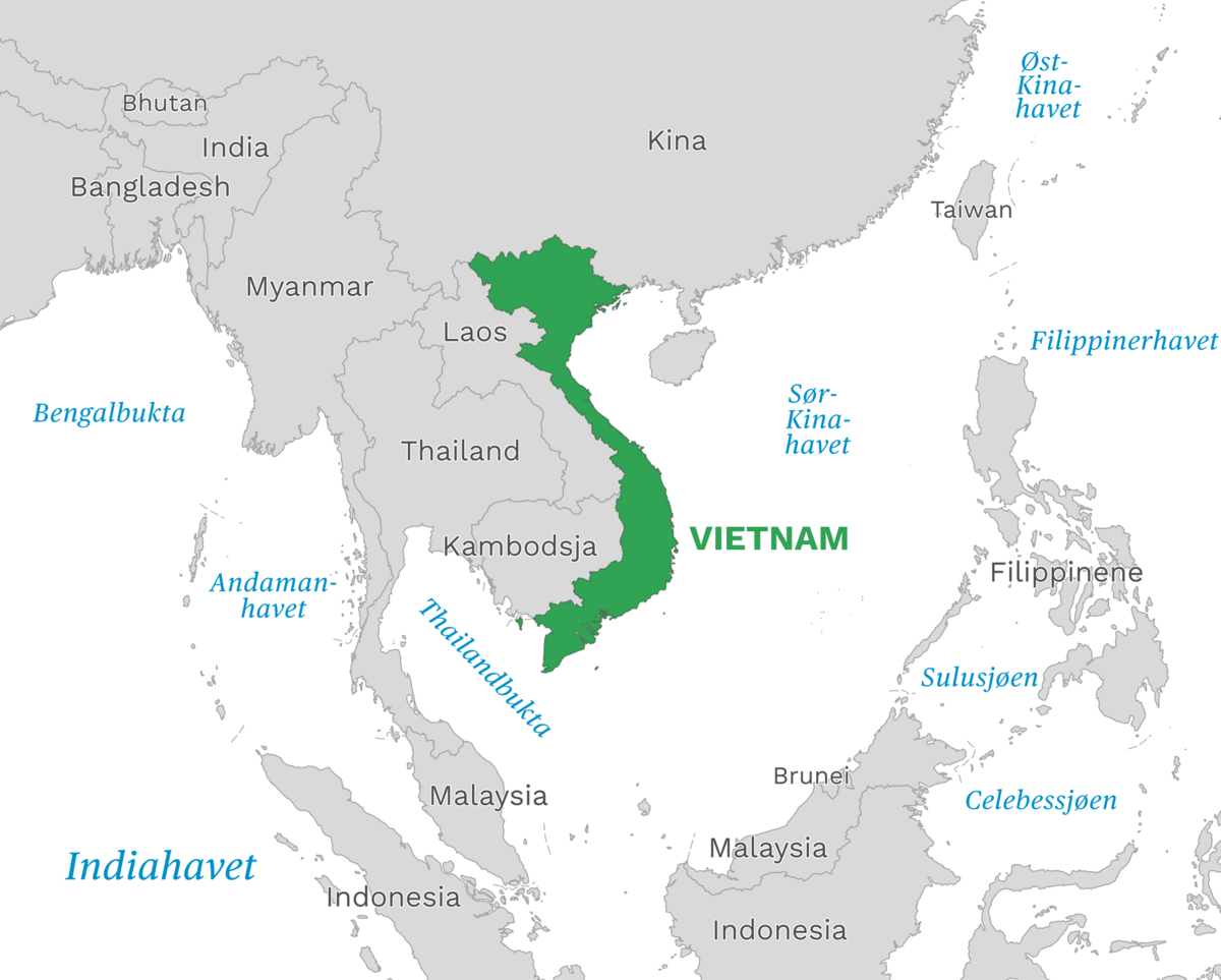 Plassering av Vietnam med naboland rundt, kart.