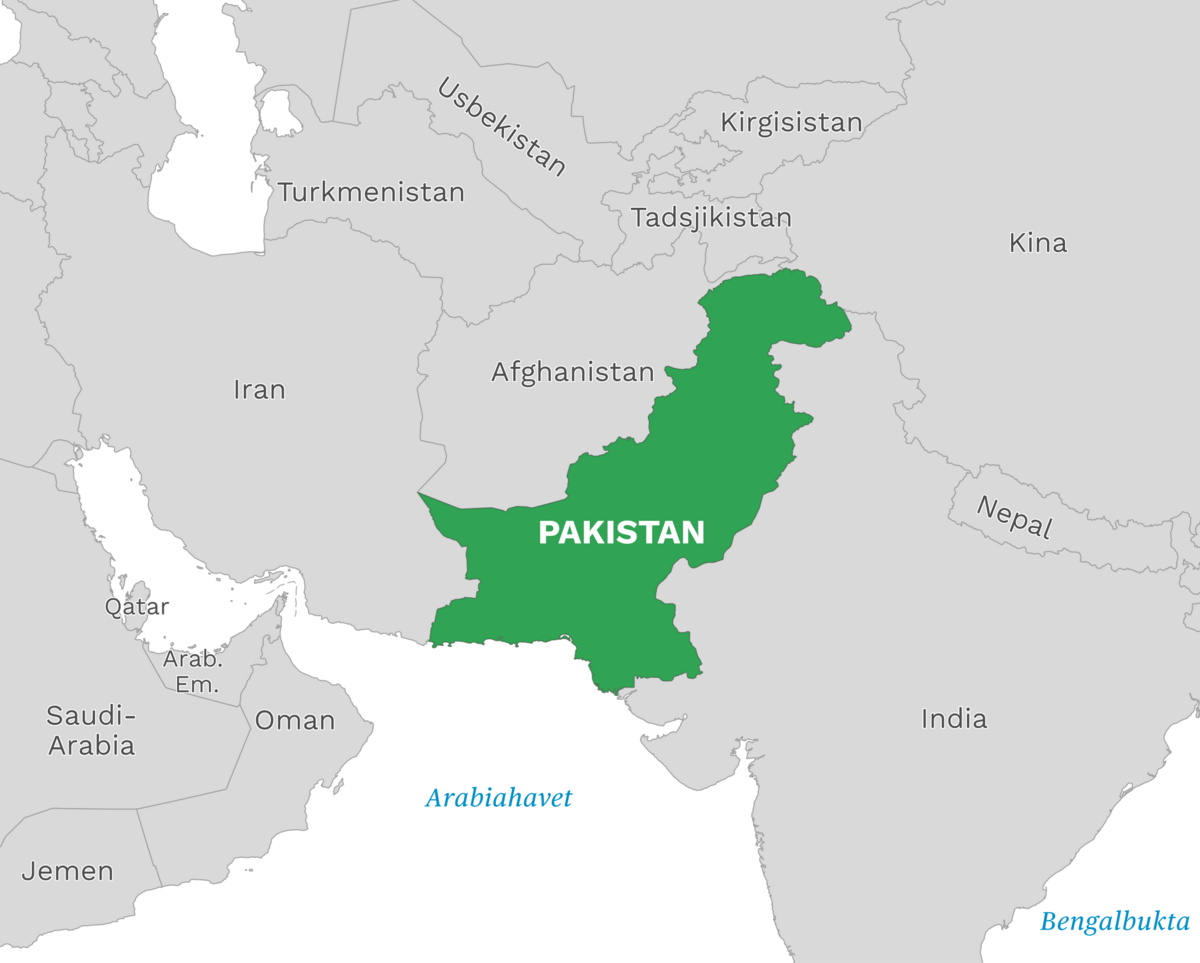 Plassering av Pakistan med naboland rundt, kart.