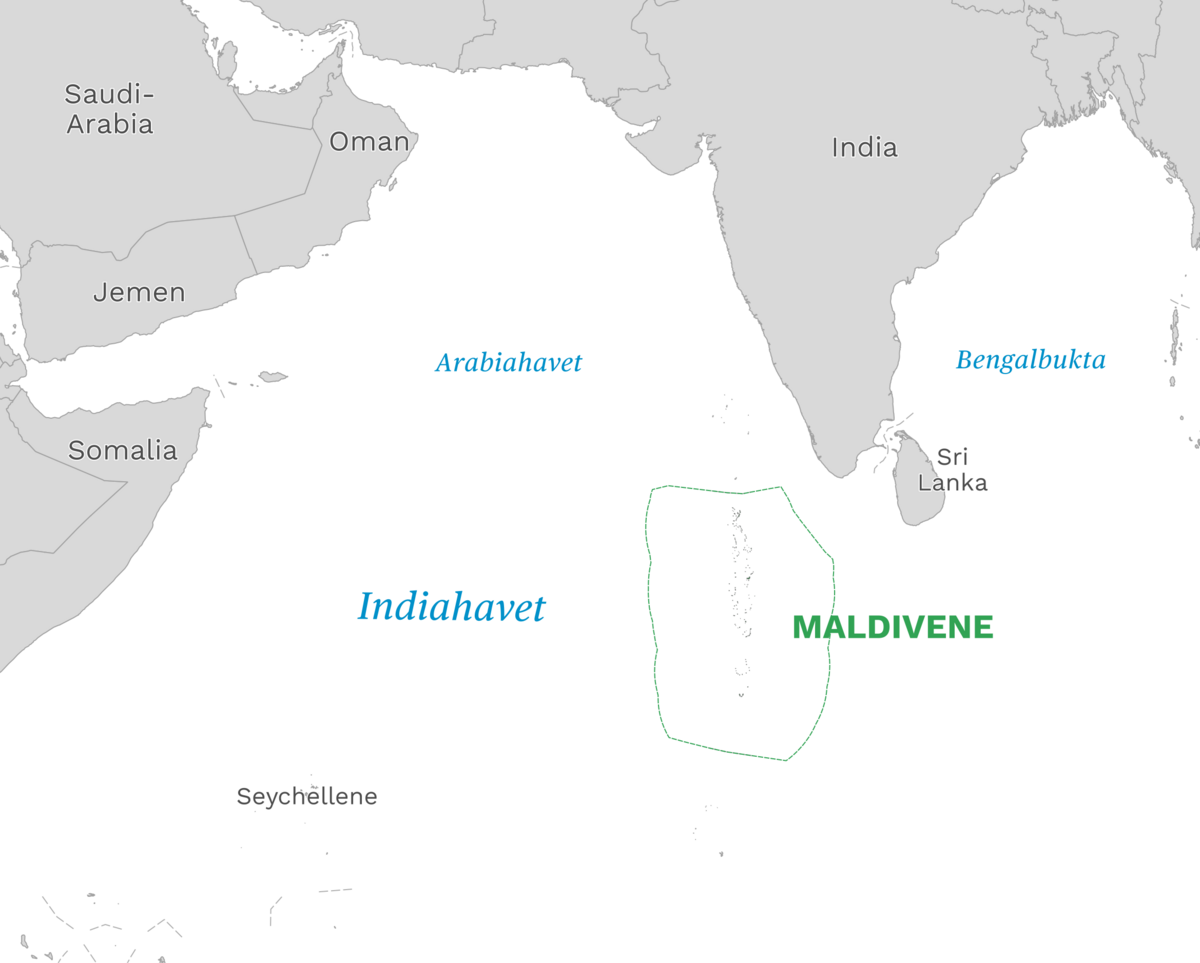Plassering av Maldivene med naboland rundt, kart.