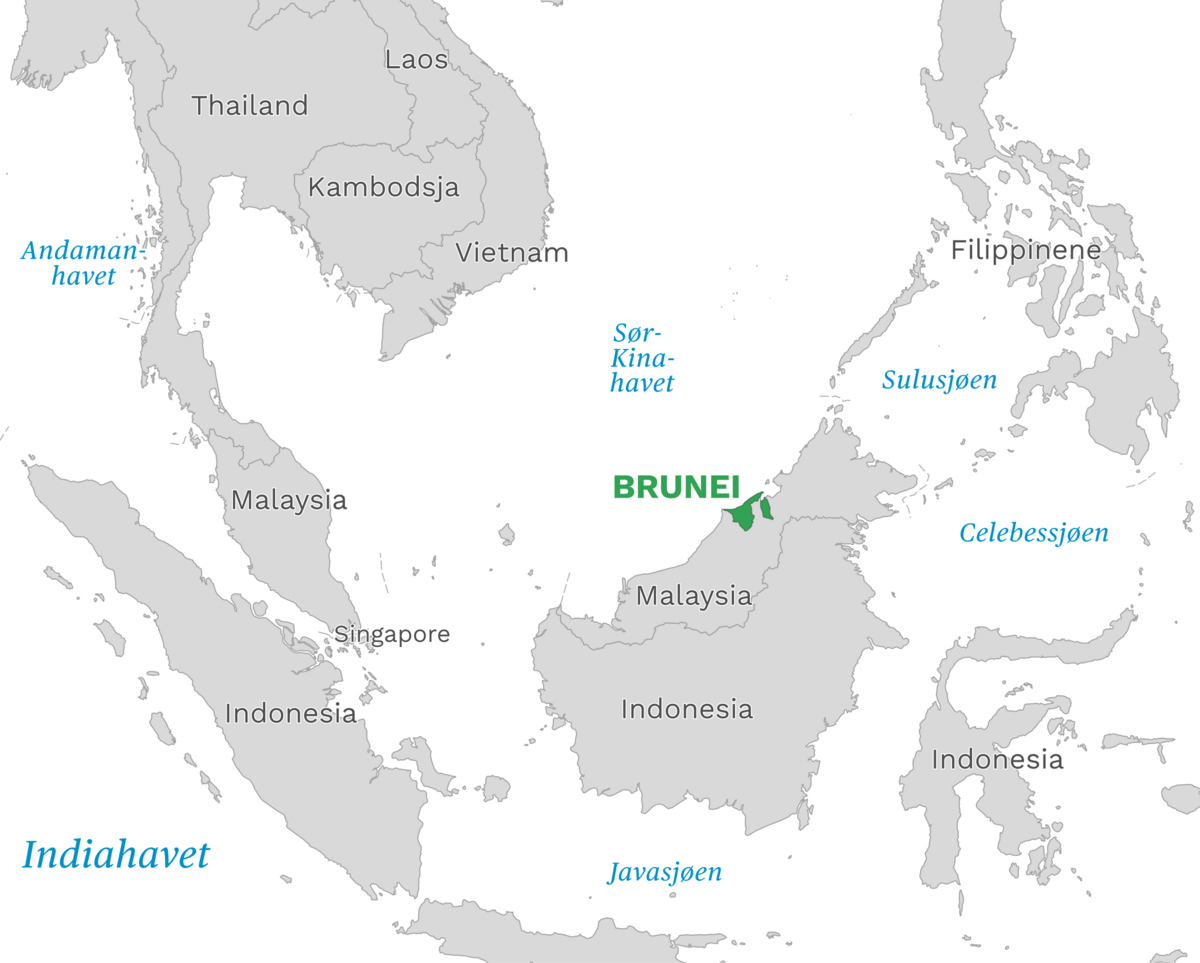 Plassering av Brunei med naboland rundt, kart.