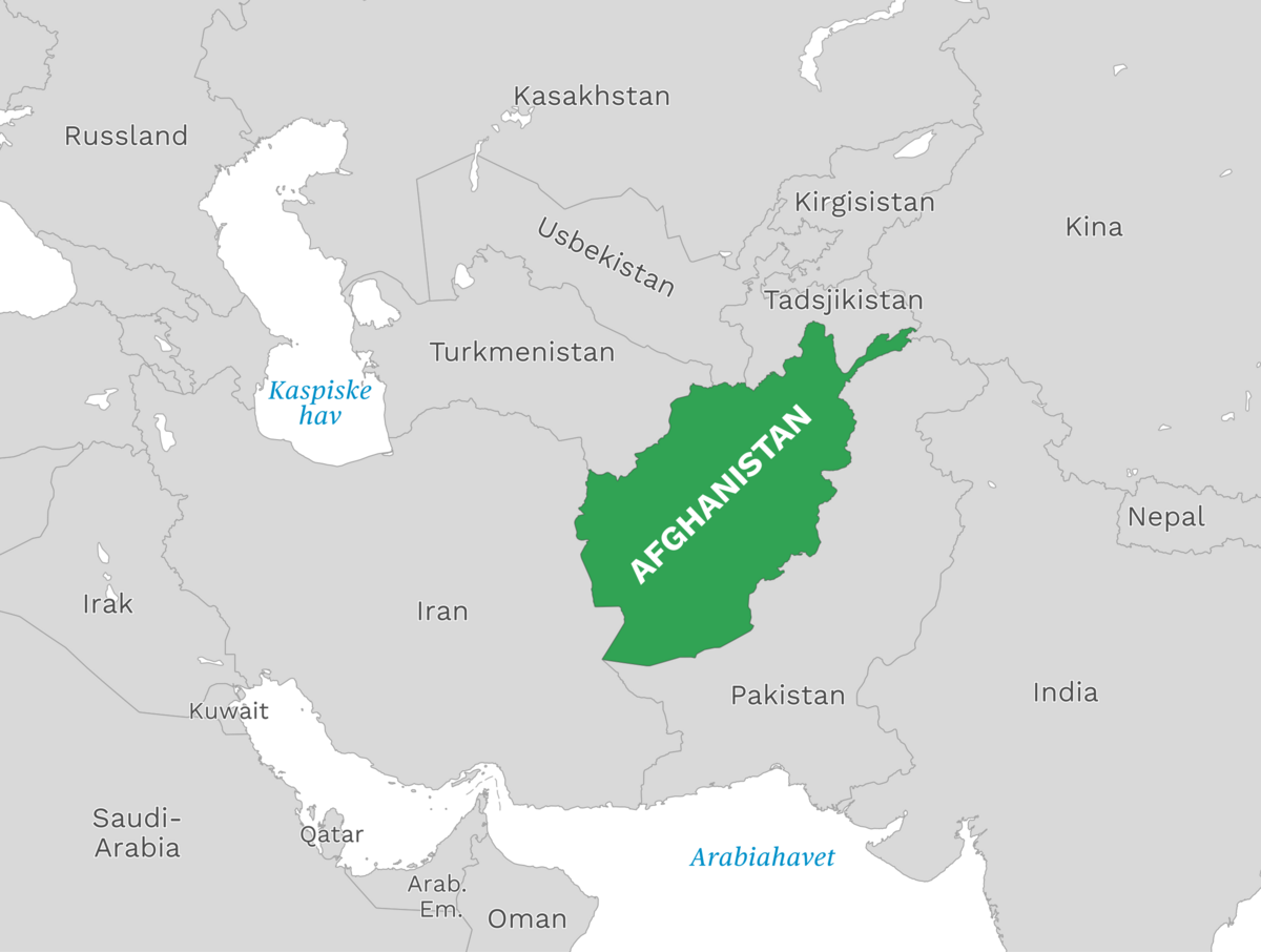 Plassering av Afghanistan med naboland rundt, kart.