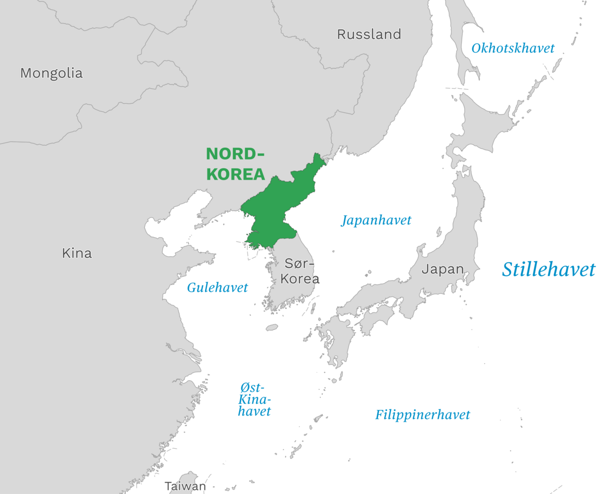 Plassering av Nord-Korea med naboland rundt, kart.