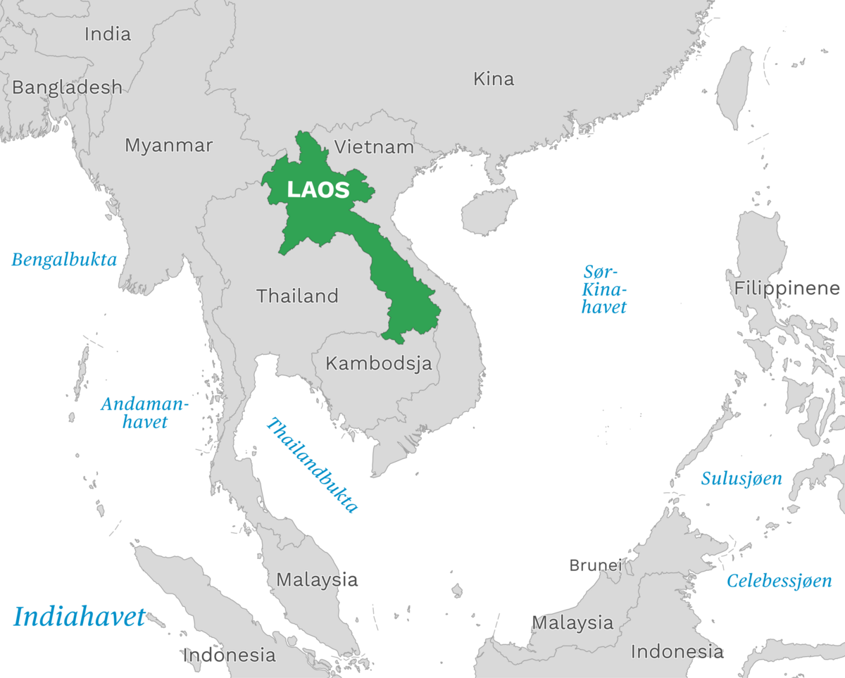 Plassering av Laos med naboland rundt, kart.