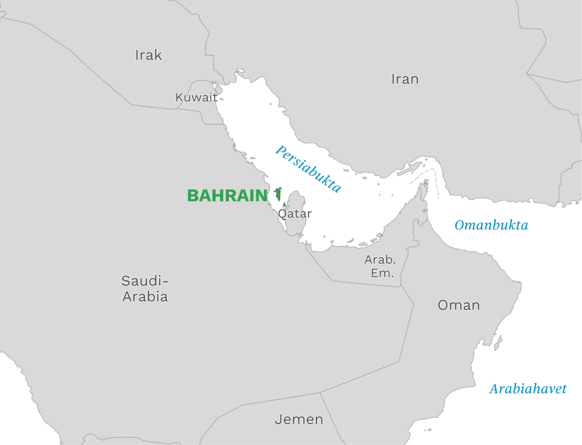 Plassering av Bahrain med naboland rundt, kart.
