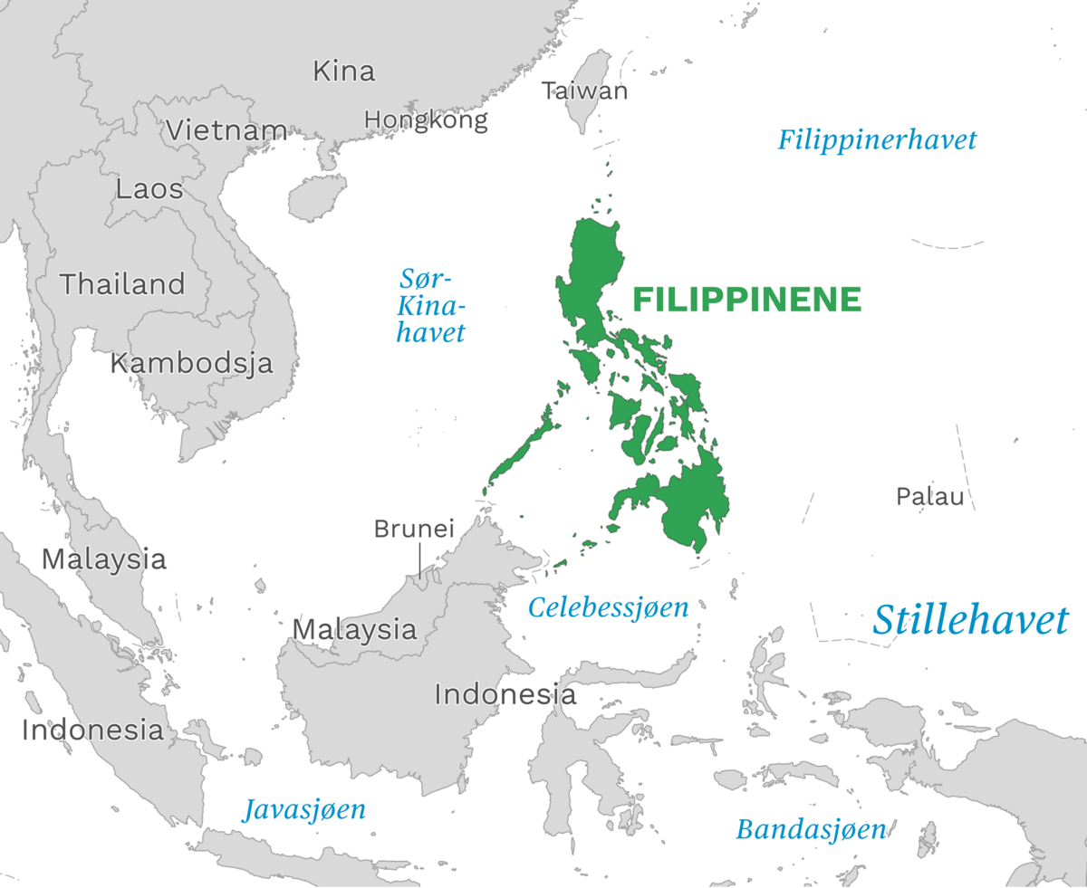 Plassering av Filippinene med naboland rundt, kart.