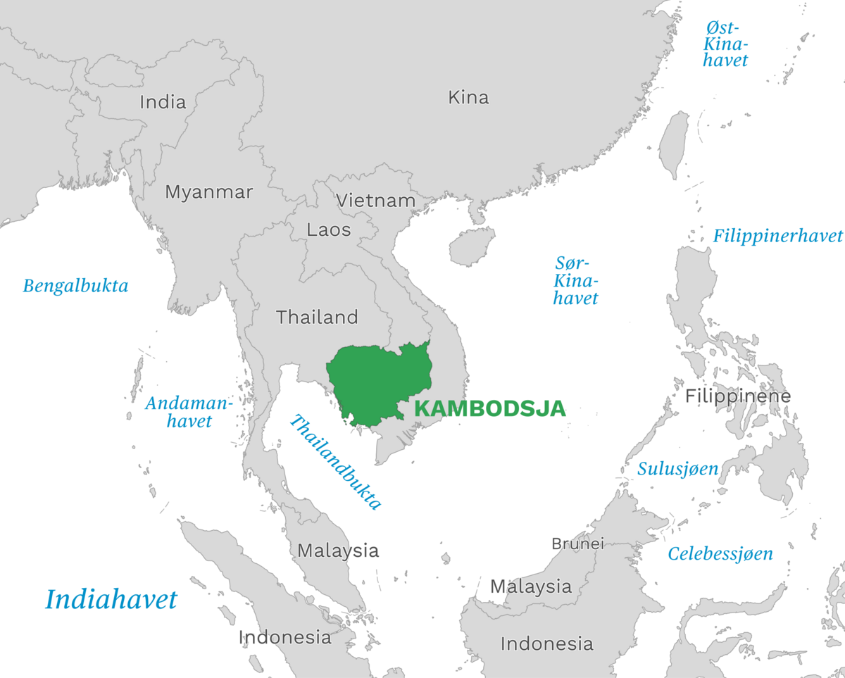 Plassering av Kambodsja med naboland rundt, kart.