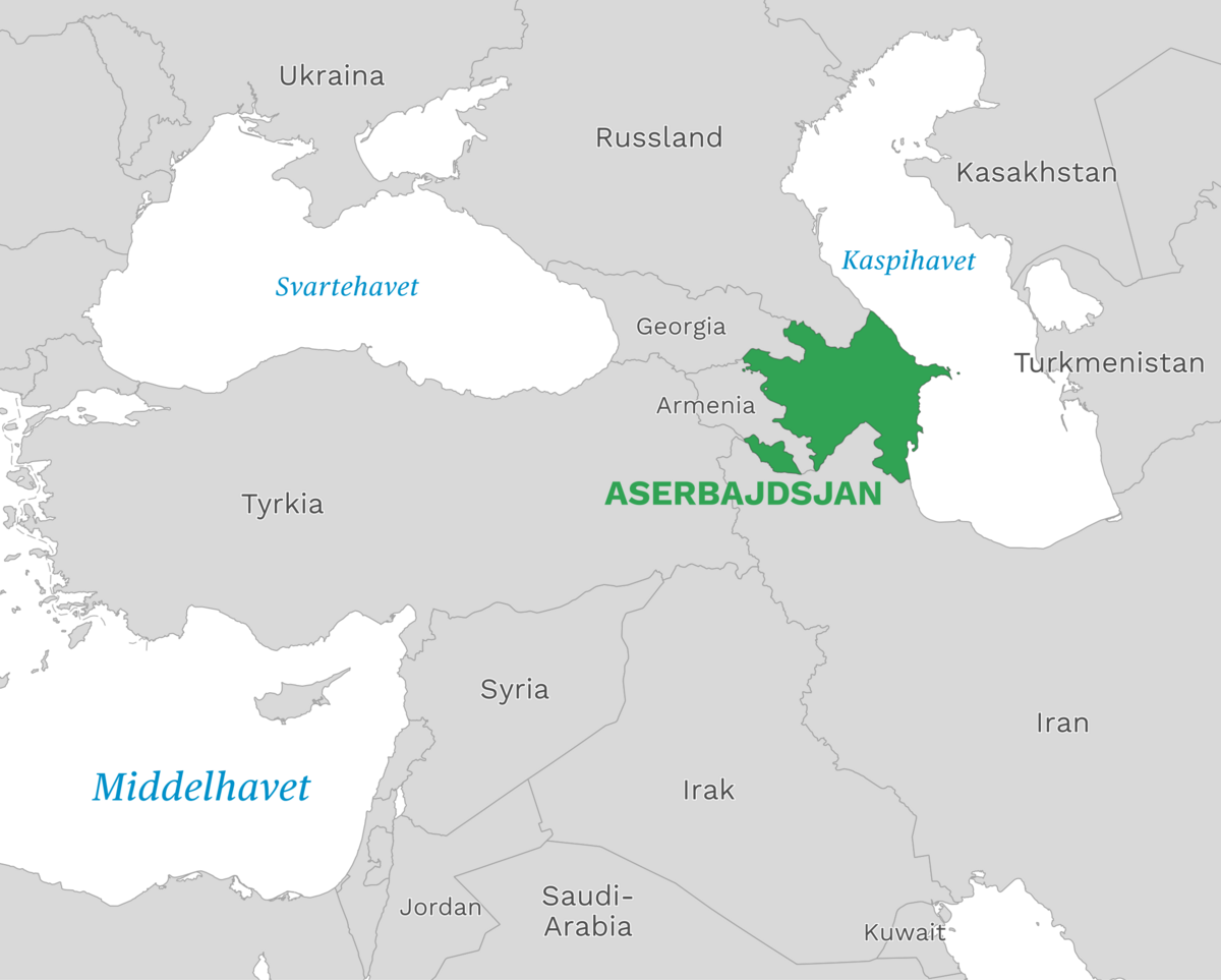 Plassering av Aserbajdsjan med naboland rundt, kart.