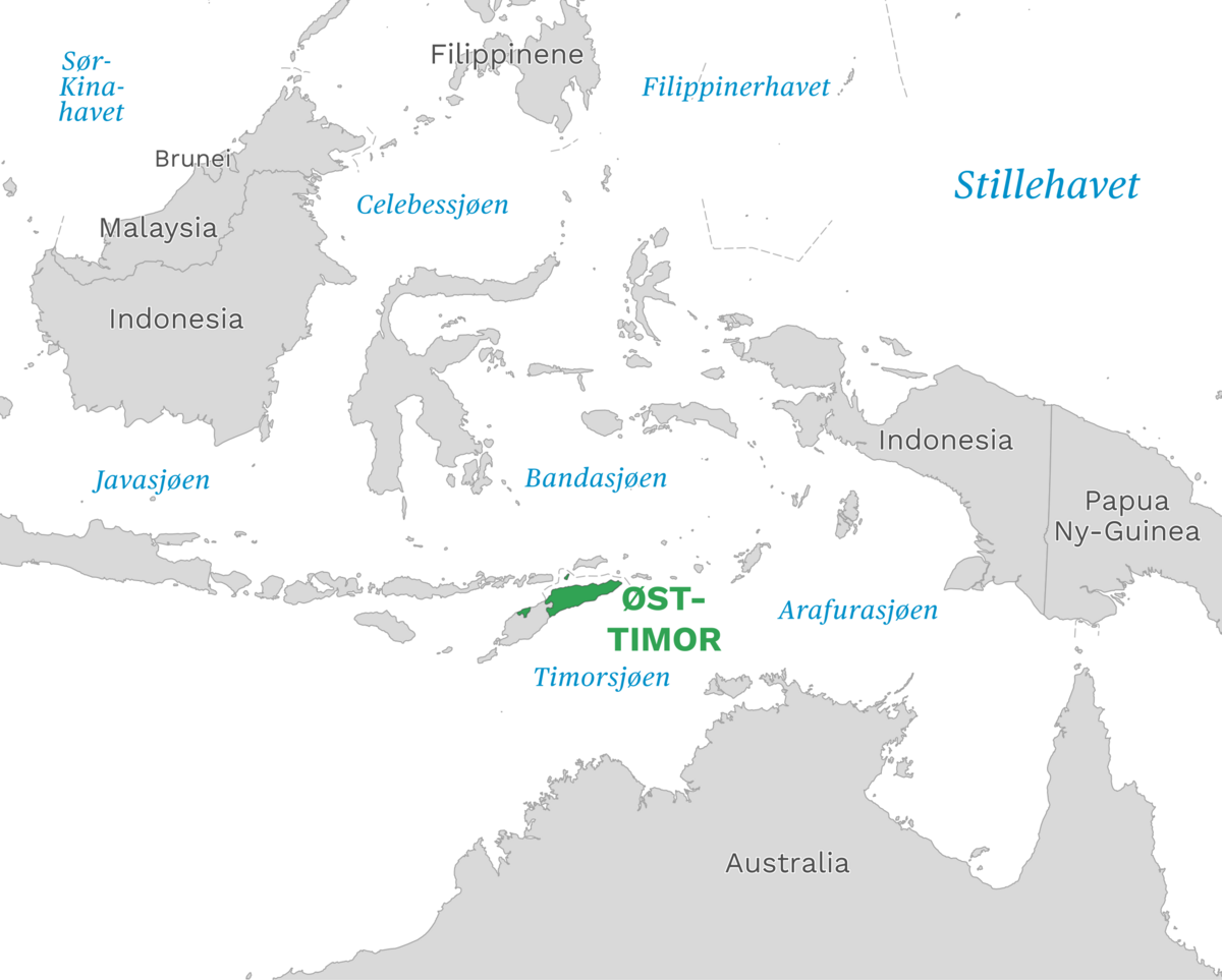 Plassering av Øst-Timor med naboland rundt, kart.