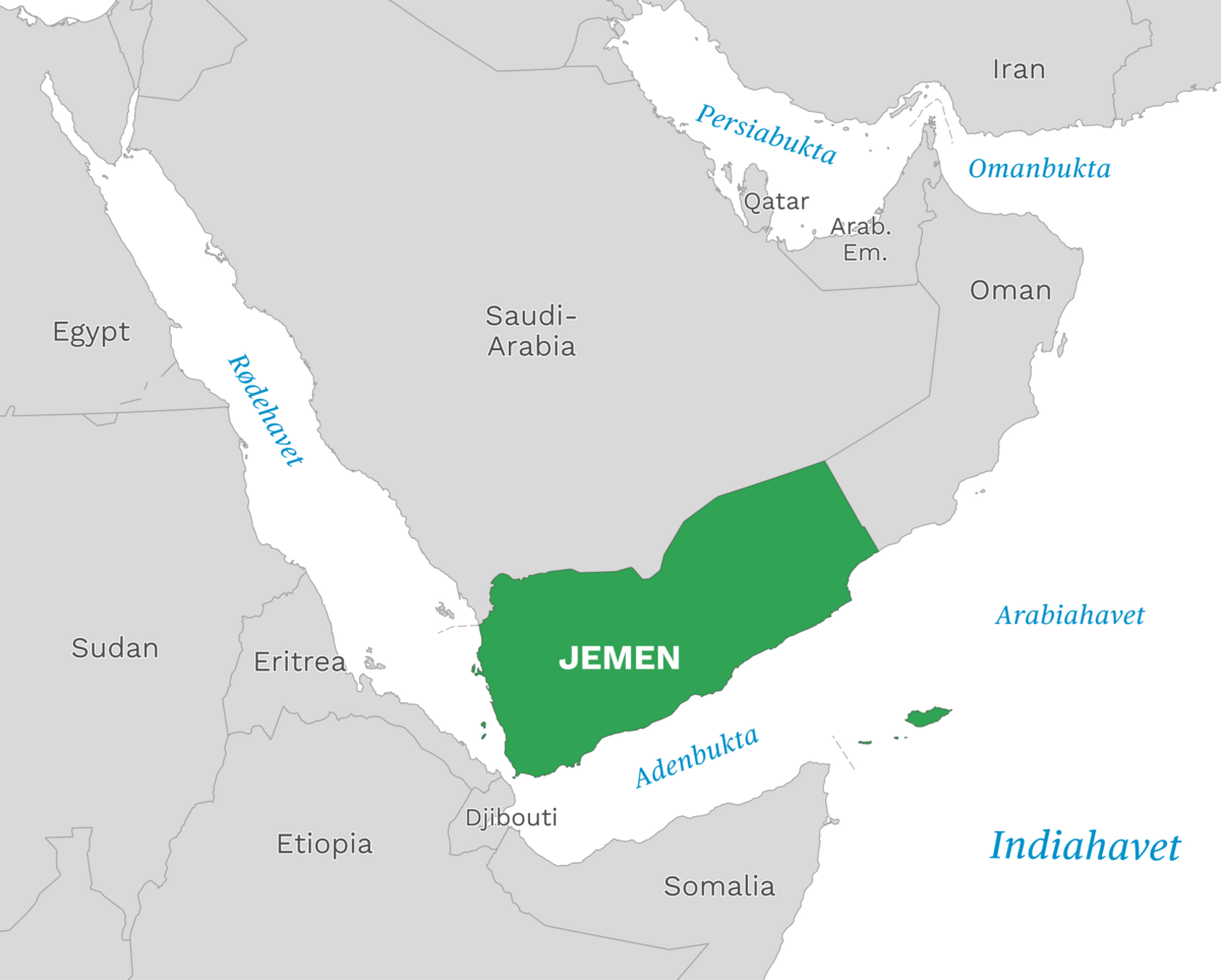 Plassering av Jemen med naboland rundt, kart.