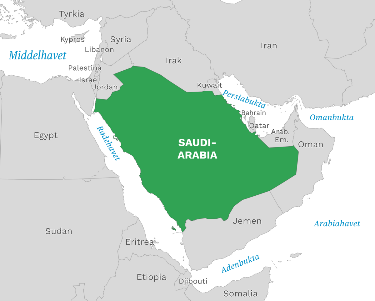 Plassering av Saudi-Arabia med naboland rundt, kart.