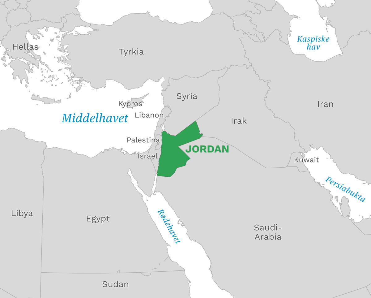 Plassering av Jordan med naboland rundt, kart.