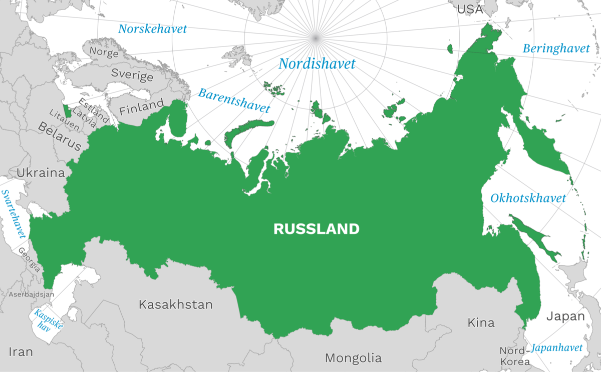 Plassering av Russland med naboland rundt, kart.