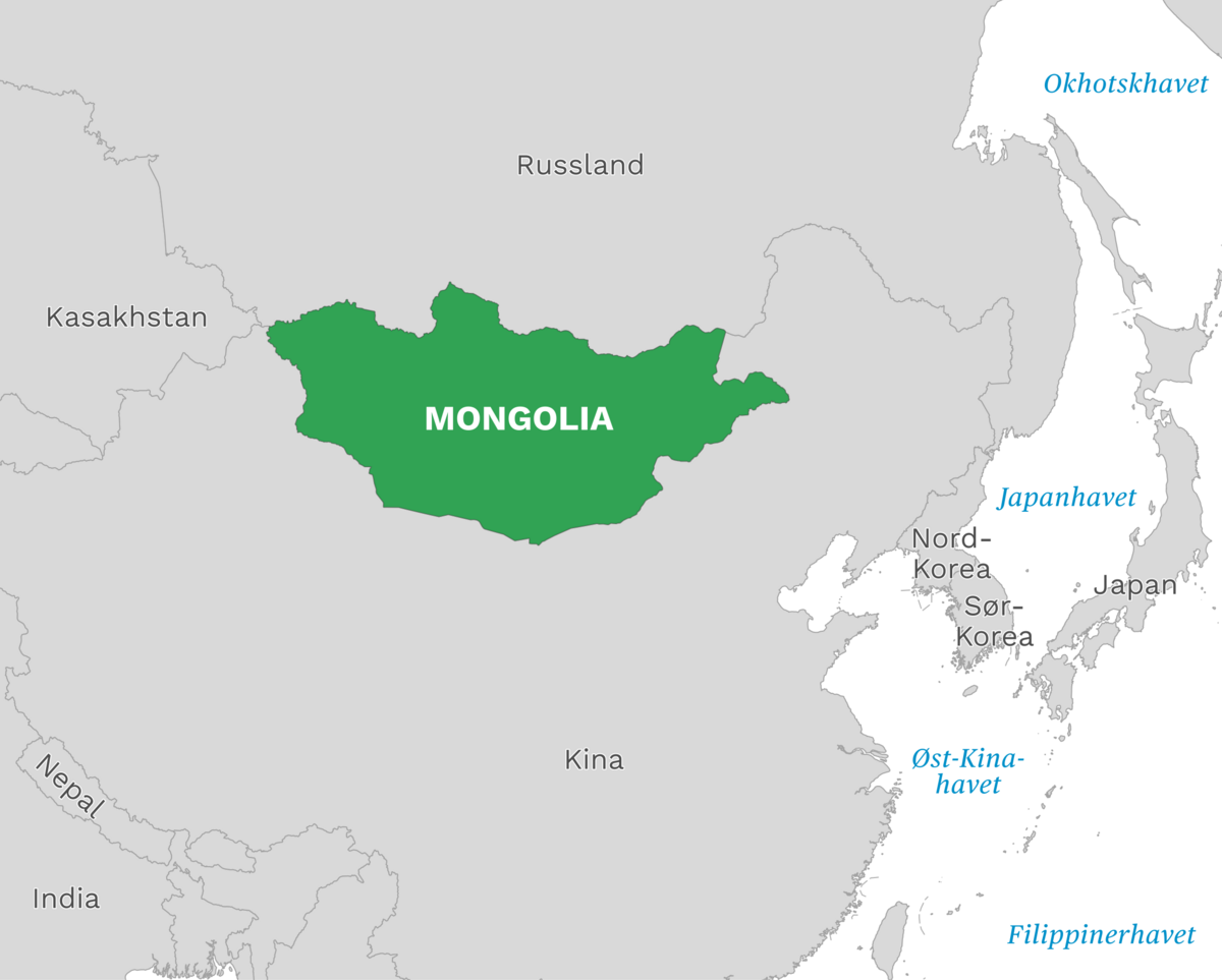 Plassering av Mongolia med naboland rundt, kart.