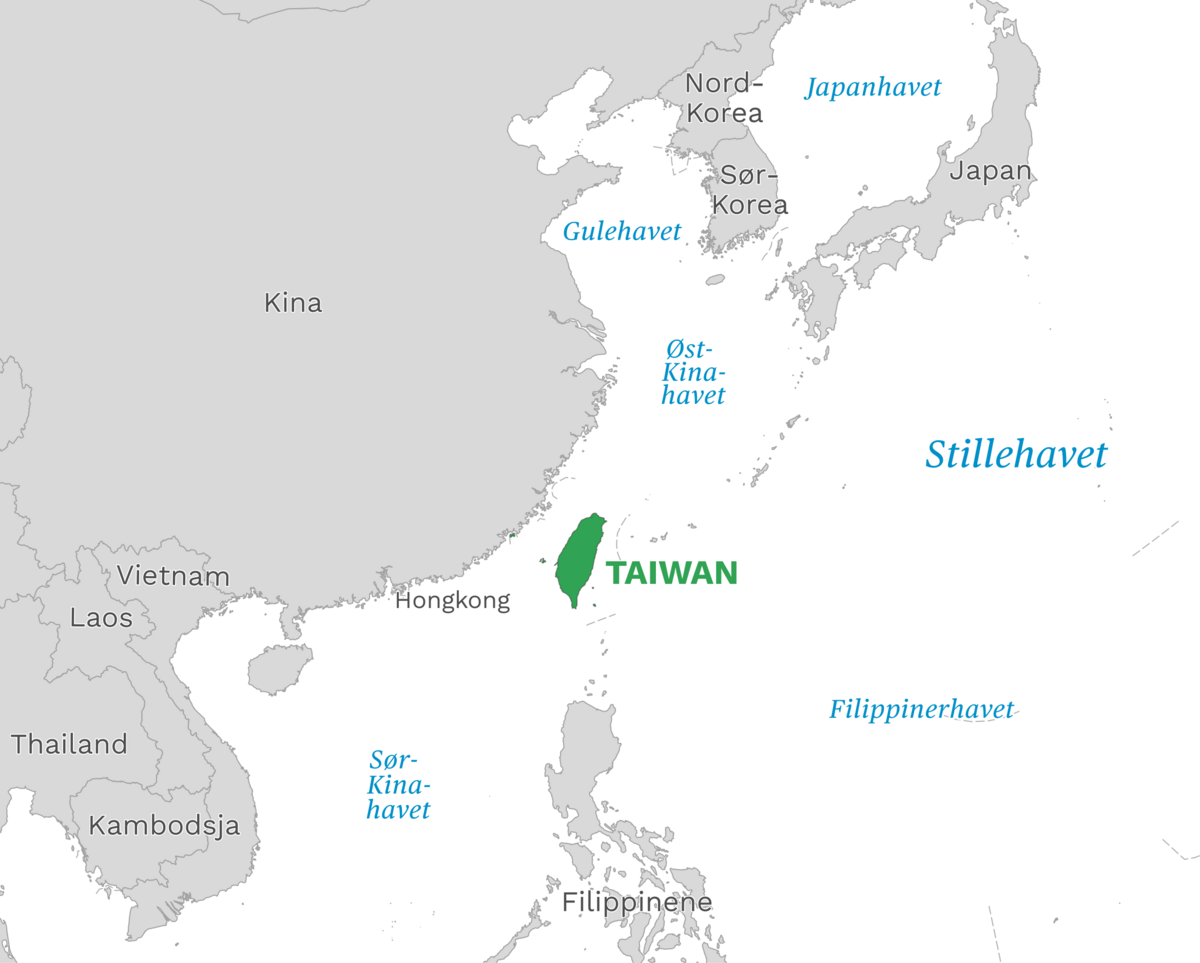 Plassering av Taiwan med naboland rundt, kart.