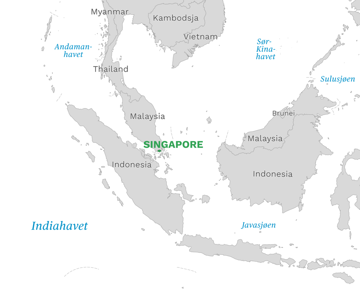 Plassering av Singapore med naboland rundt, kart.
