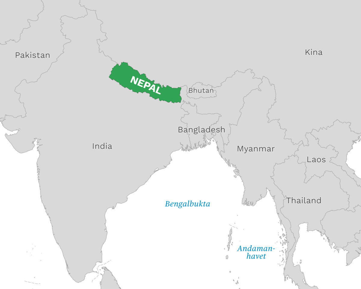 Plassering av Nepal med naboland rundt, kart.
