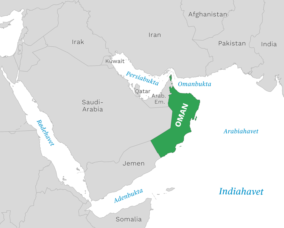 Plassering av Oman med naboland rundt, kart.