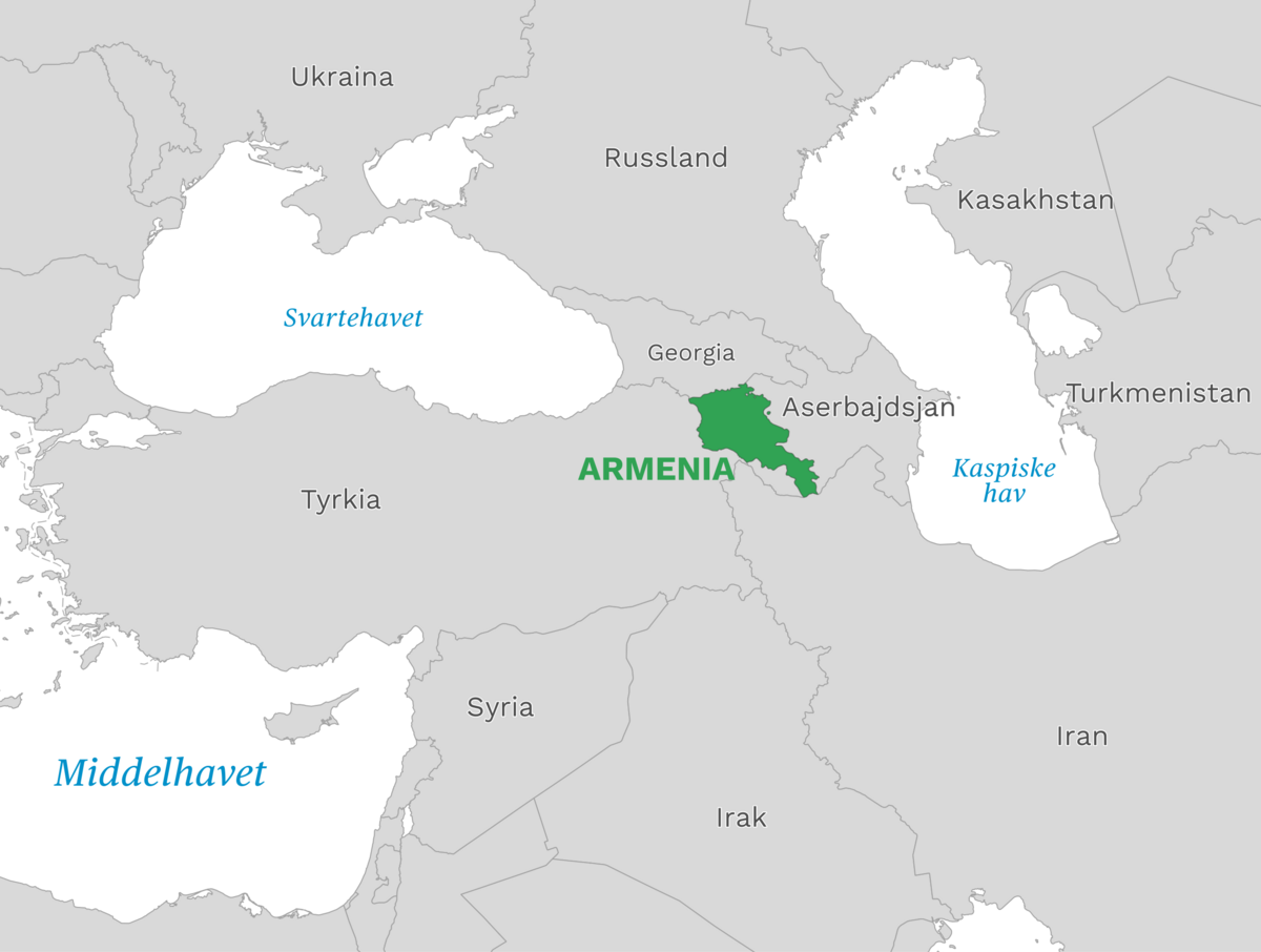 Plassering av Armenia med naboland rundt, kart.