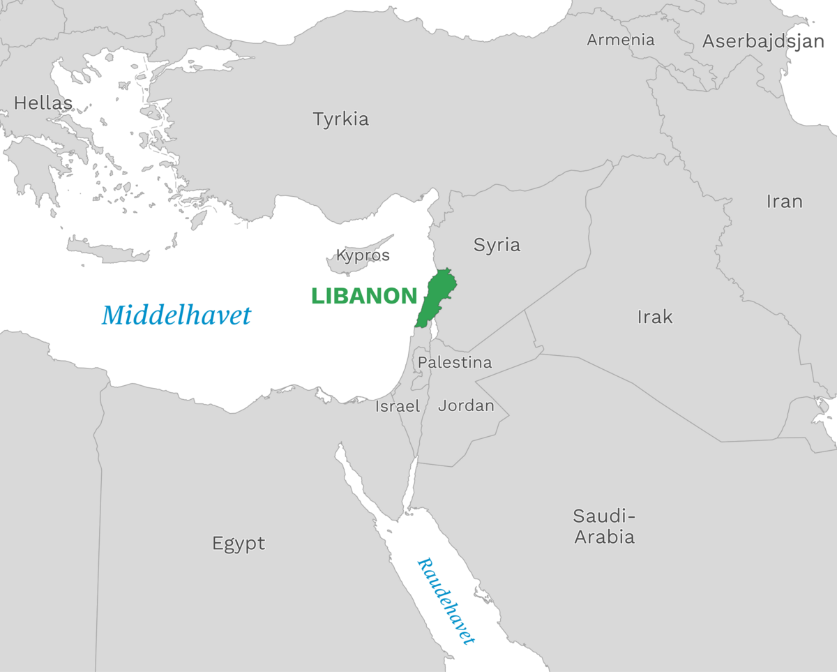 Plassering av Libanon med naboland rundt, kart.
