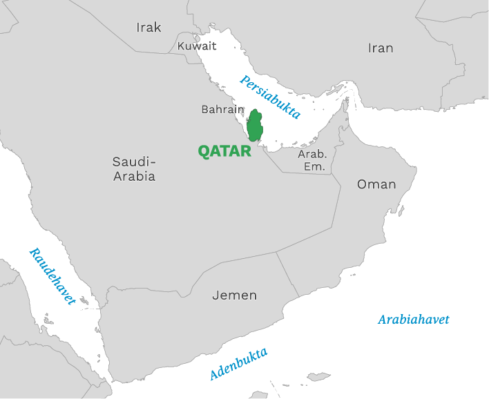 Plassering av Qatar med naboland rundt, kart.