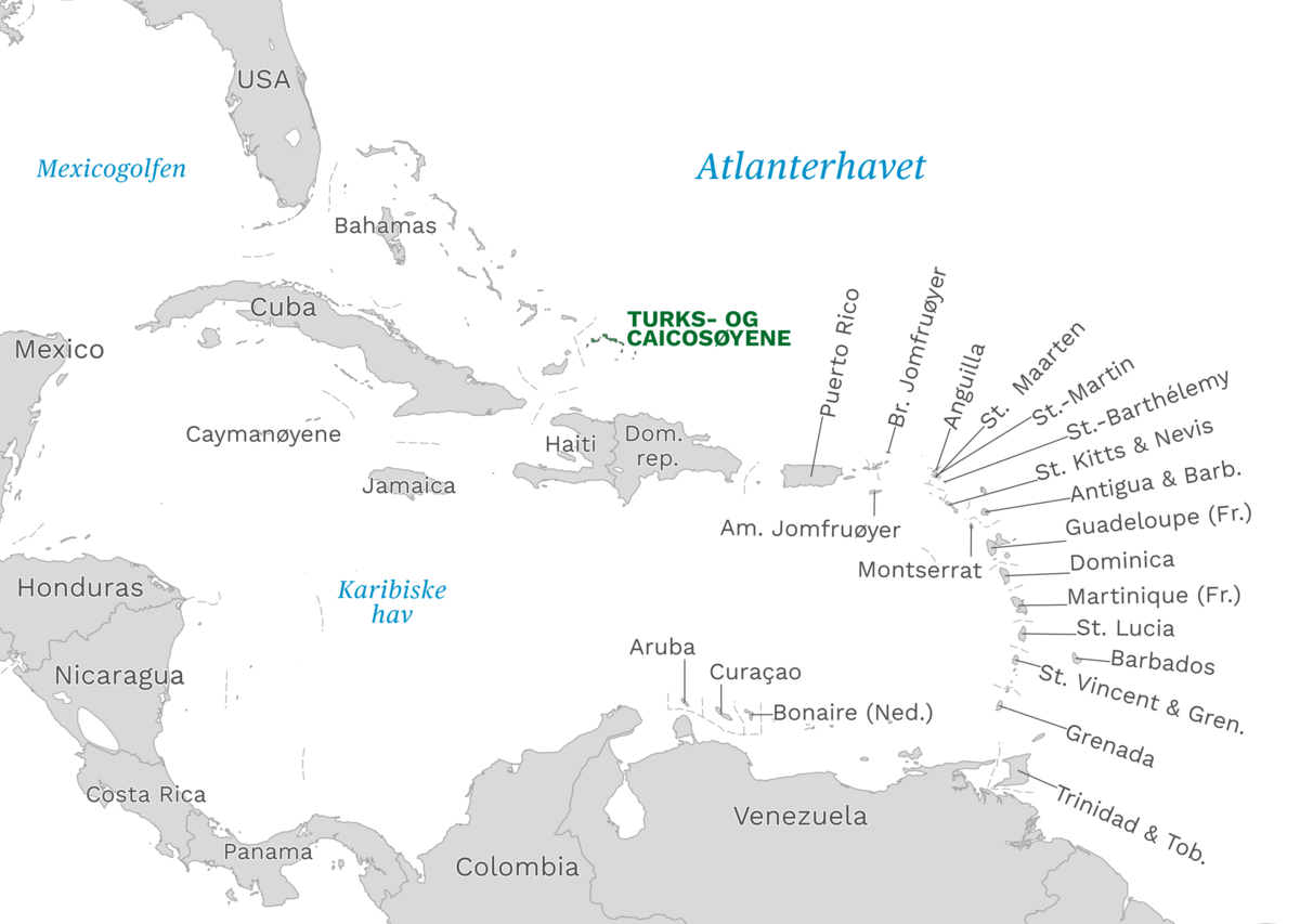 Plassering av Turks- og Caicosøyene med naboland rundt, kart