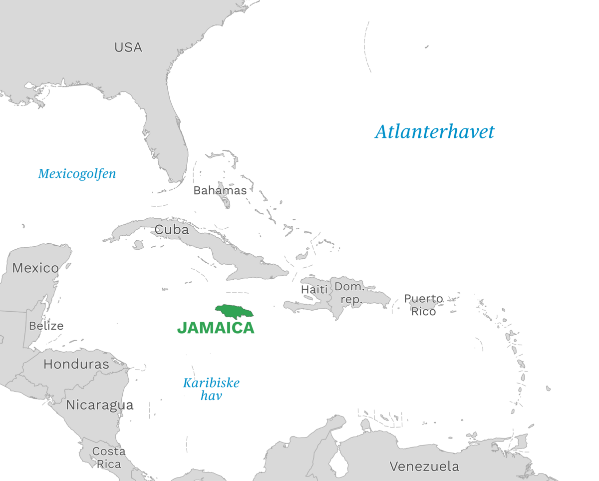 Plassering av Jamaica med naboland rundt, kart.