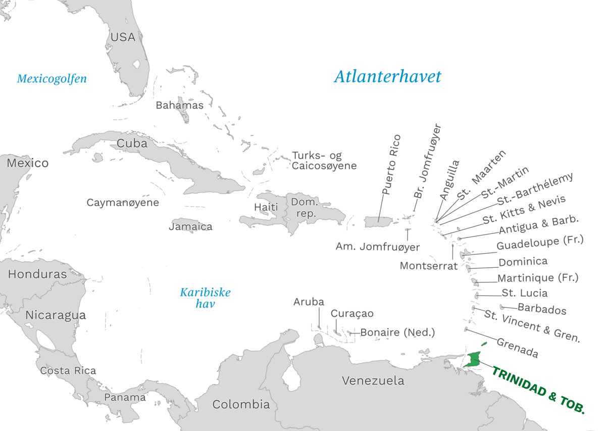 Plassering av Trinidad og Tobago med naboland rundt, kart.