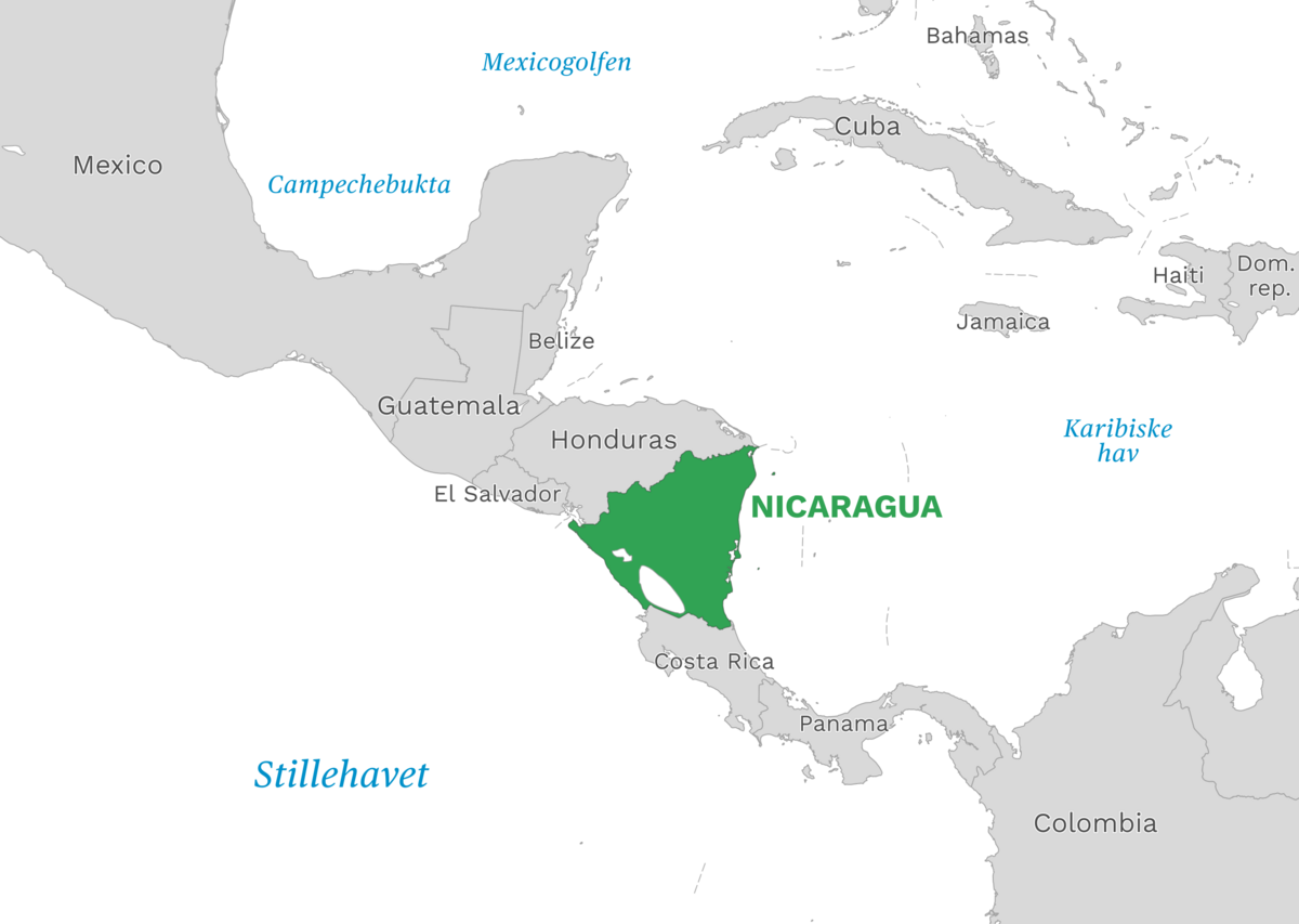 Plassering av Nicaragua med naboland rundt, kart