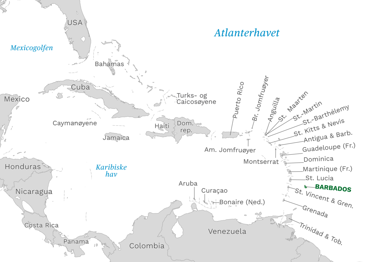 Plassering av Barbados med naboland rundt, kart.