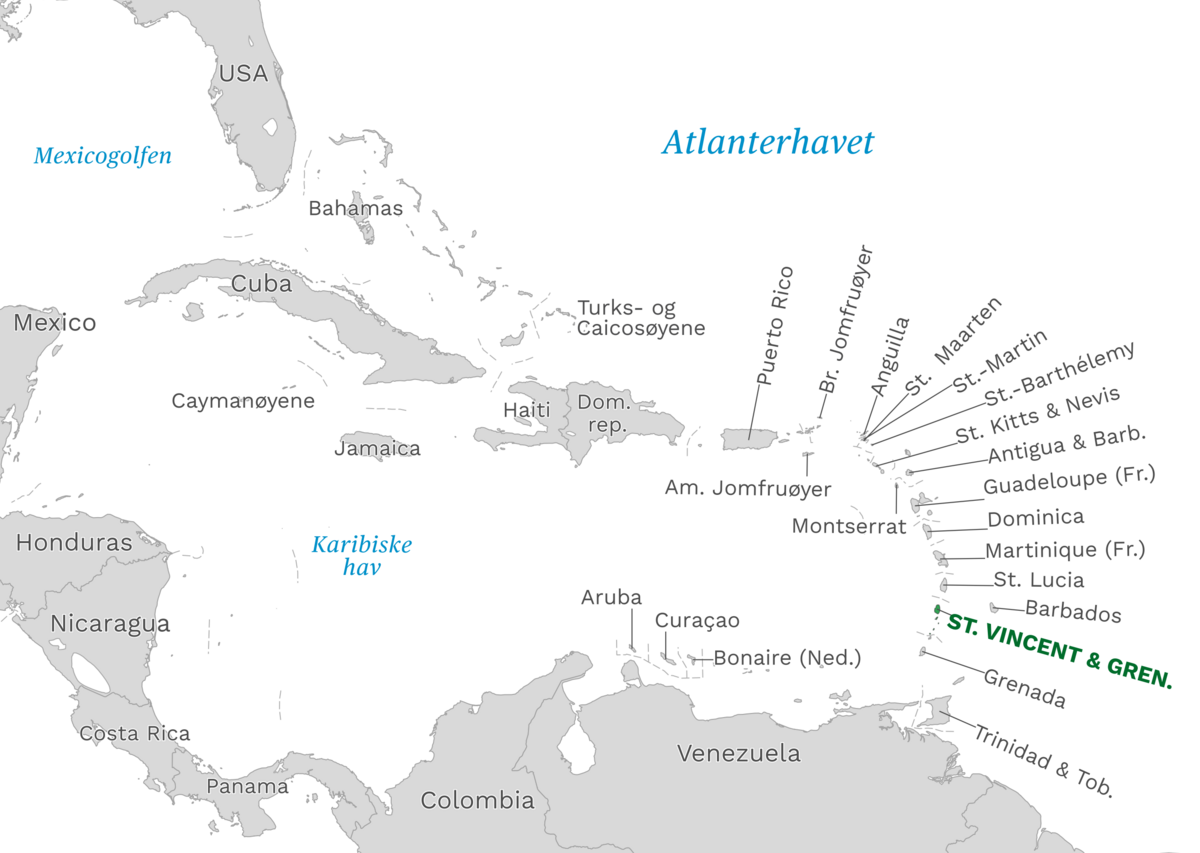 Plassering av St. Vincent og Grenadinene med naboland rundt, kart.