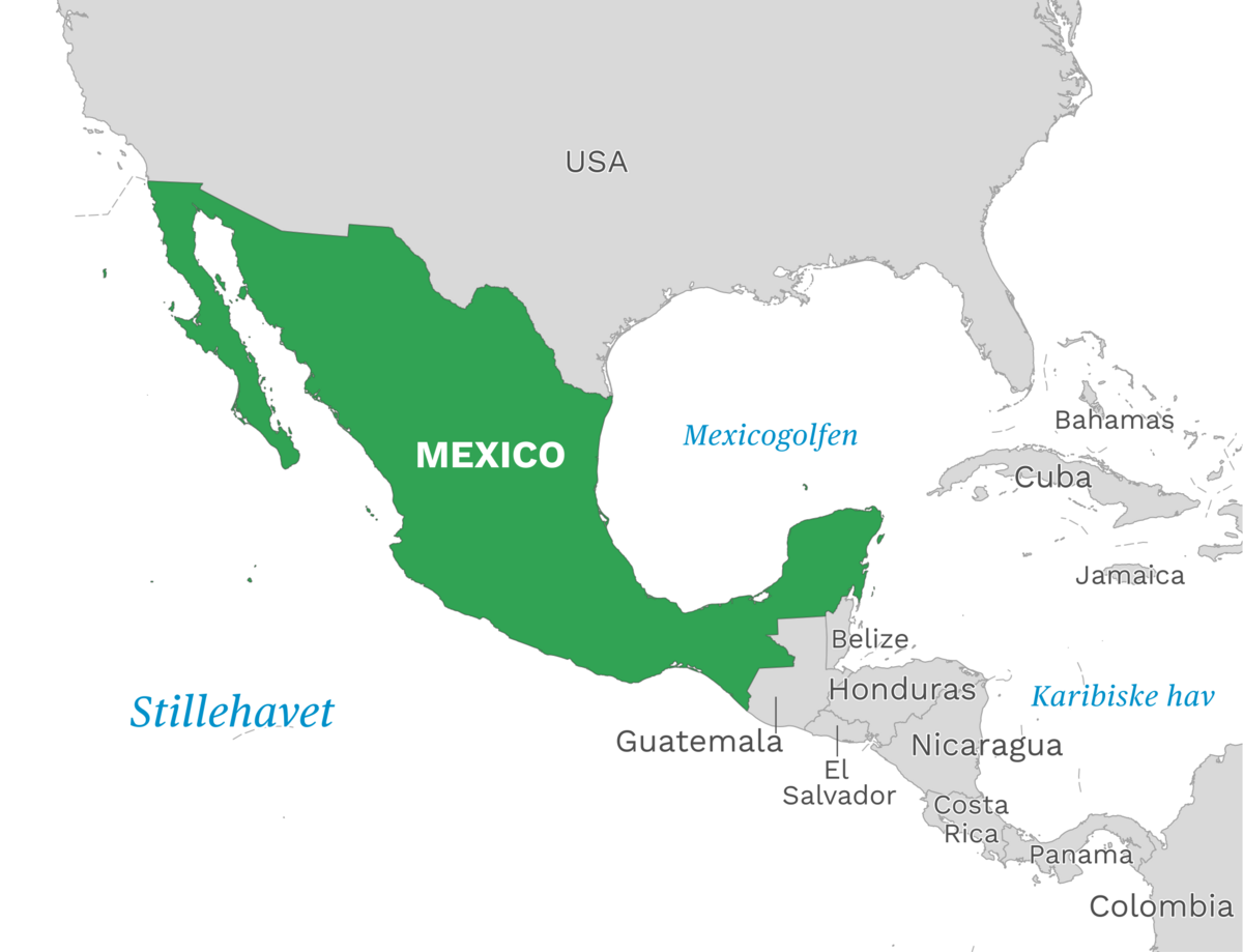 Plassering av Mexico med naboland rundt, kart.