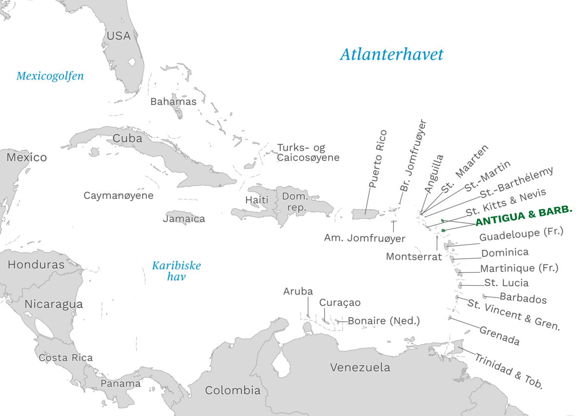 Plassering av Antigua og Barbuda med naboland rundt, kart.