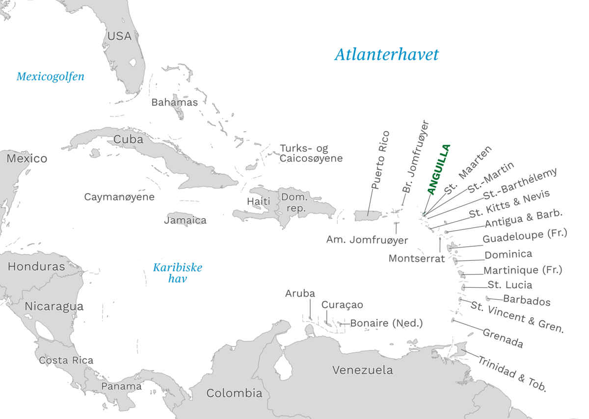 Plassering av Anguilla med naboland rundt, kart