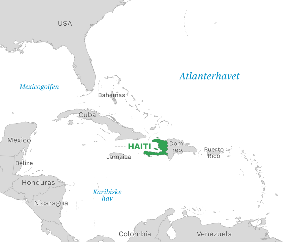 Plassering av Haiti med naboland rundt, kart.