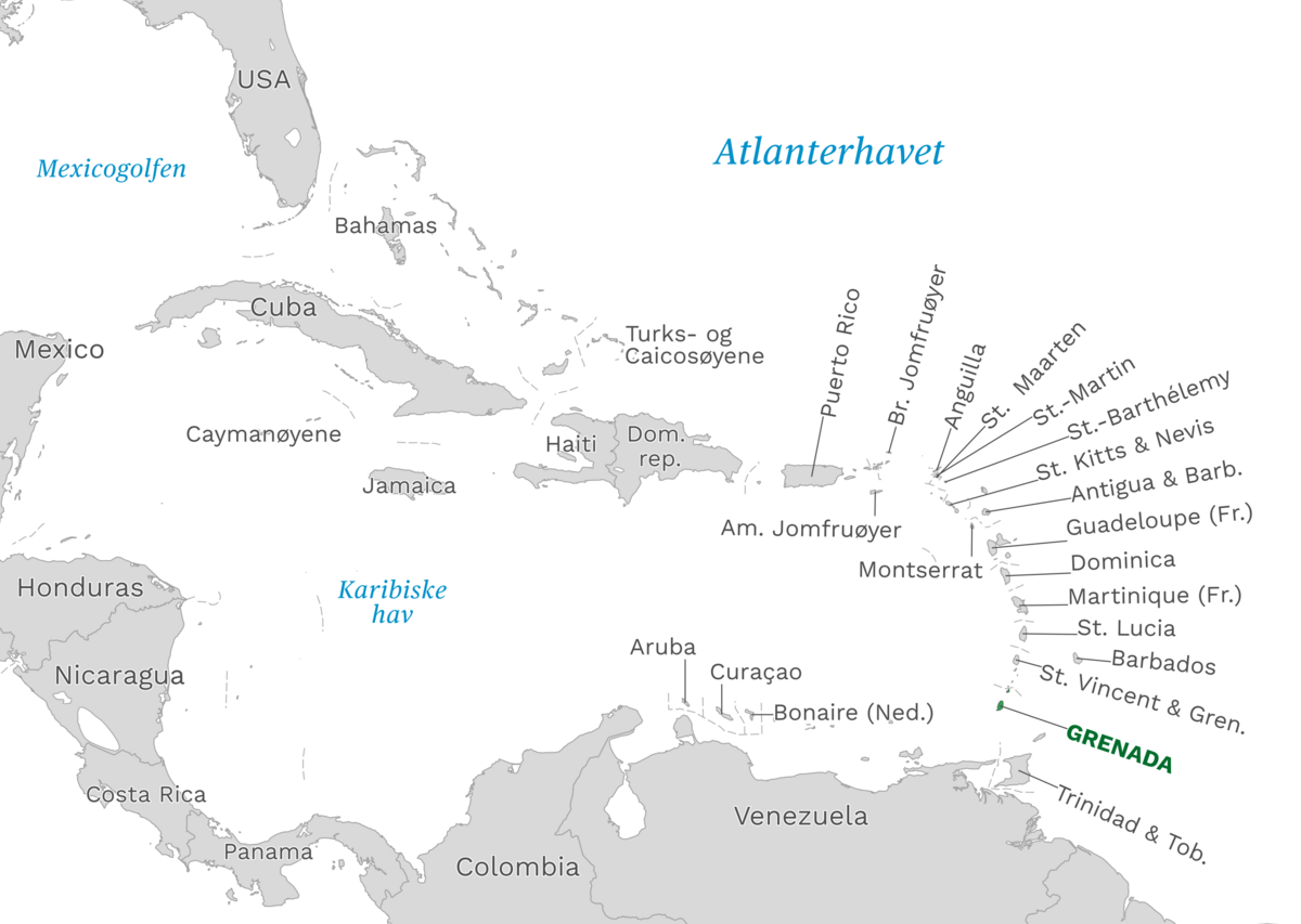 Plassering av Grenada med naboland rundt, kart.