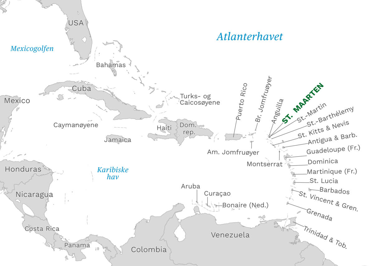 Plassering av Sint Maarten med naboland rundt, kart