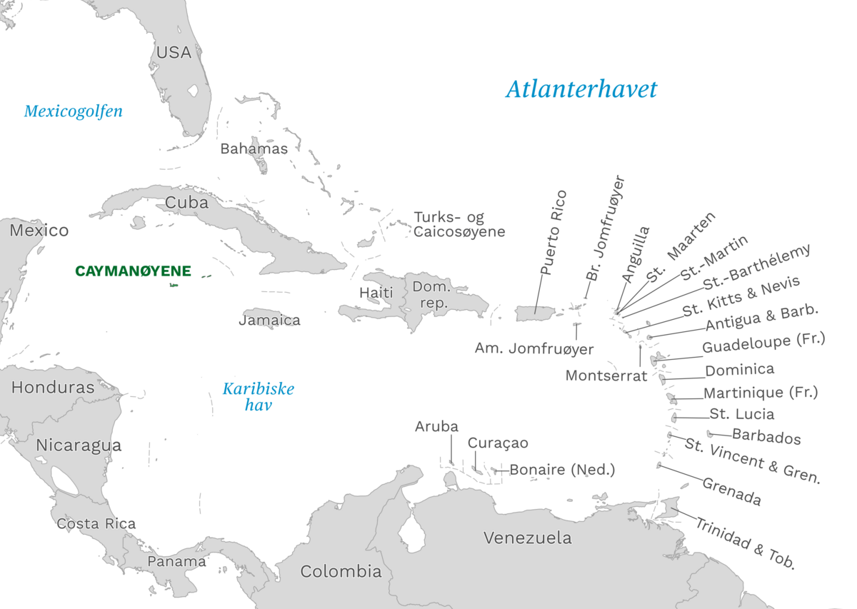 Plassering av Caymanøyene med naboland rundt, kart