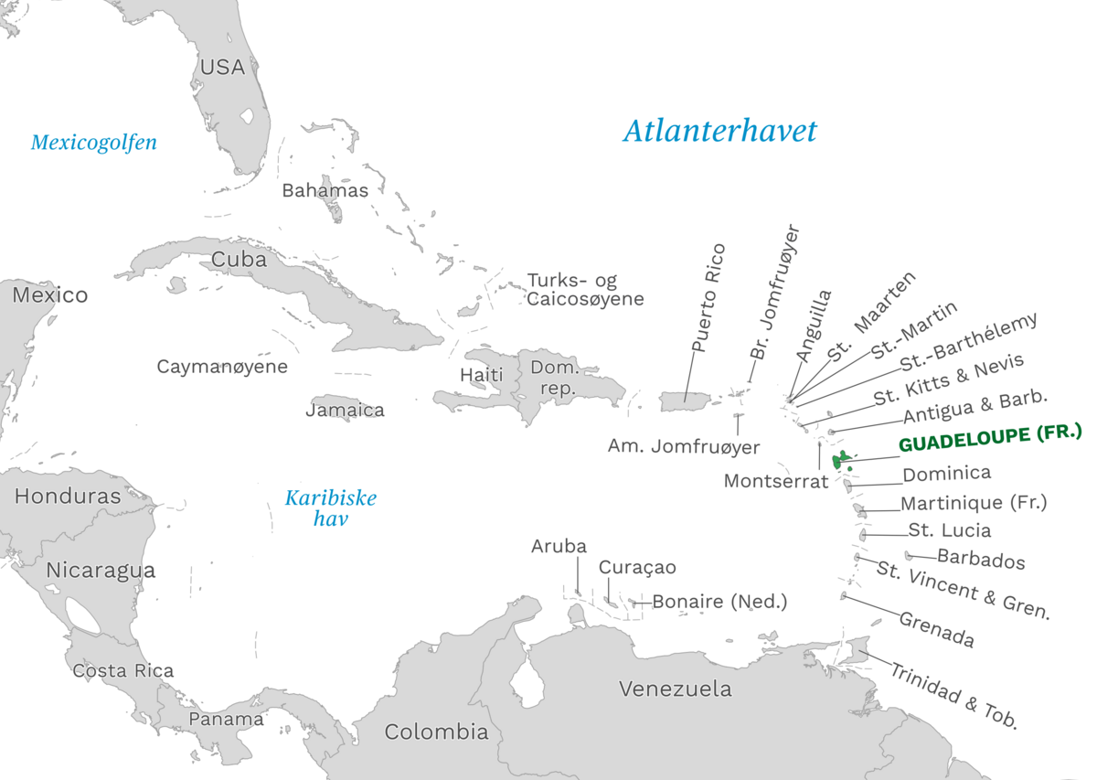 Plassering av Guadeloupe med naboland rundt, kart