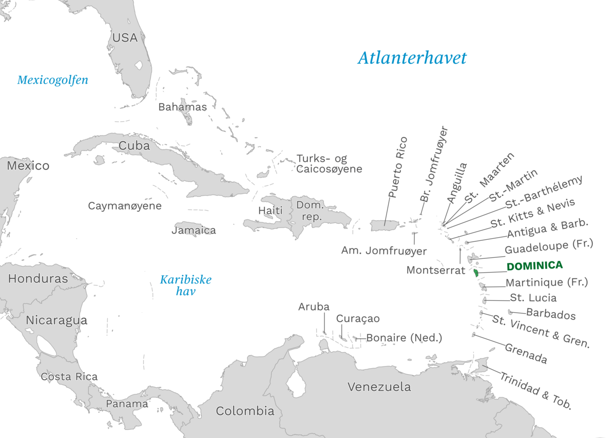 Plassering av Dominica med naboland rundt, kart