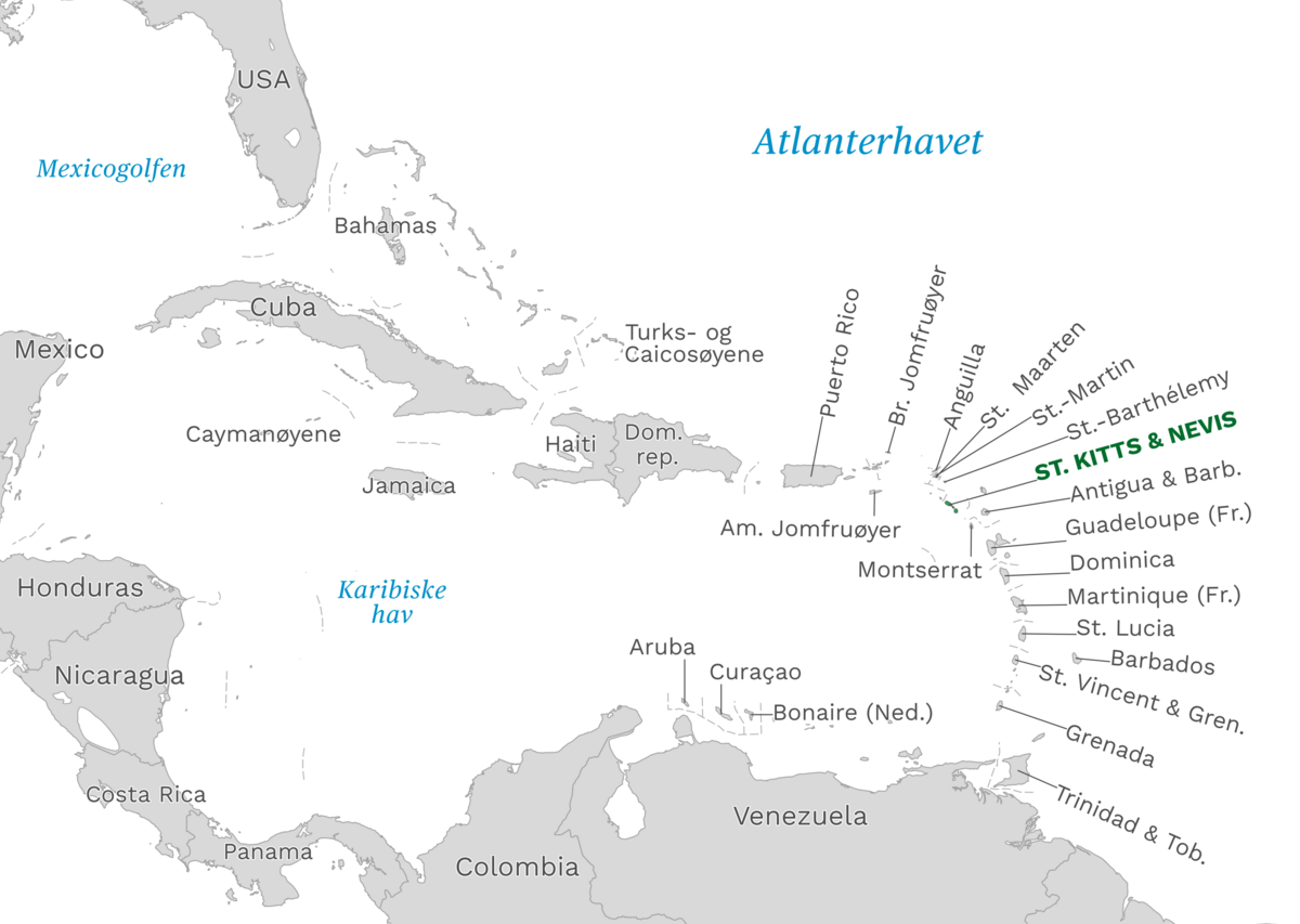 Plassering av St. Kitts og Nevis med naboland rundt, kart.