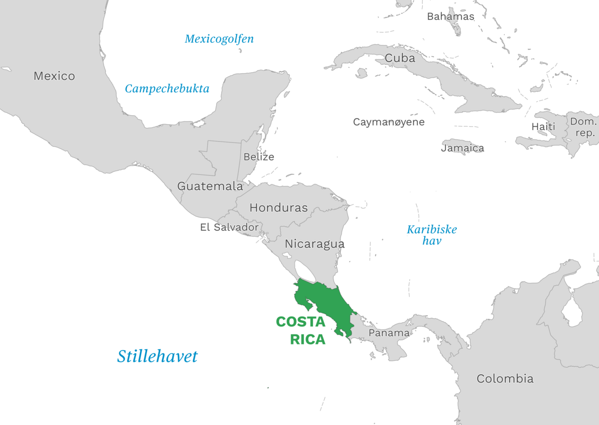 Plassering av Costa Rica med naboland rundt, kart.