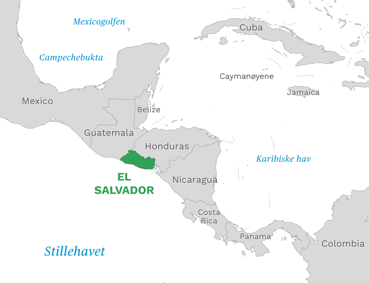 Plassering av El Salvador med naboland rundt, kart.