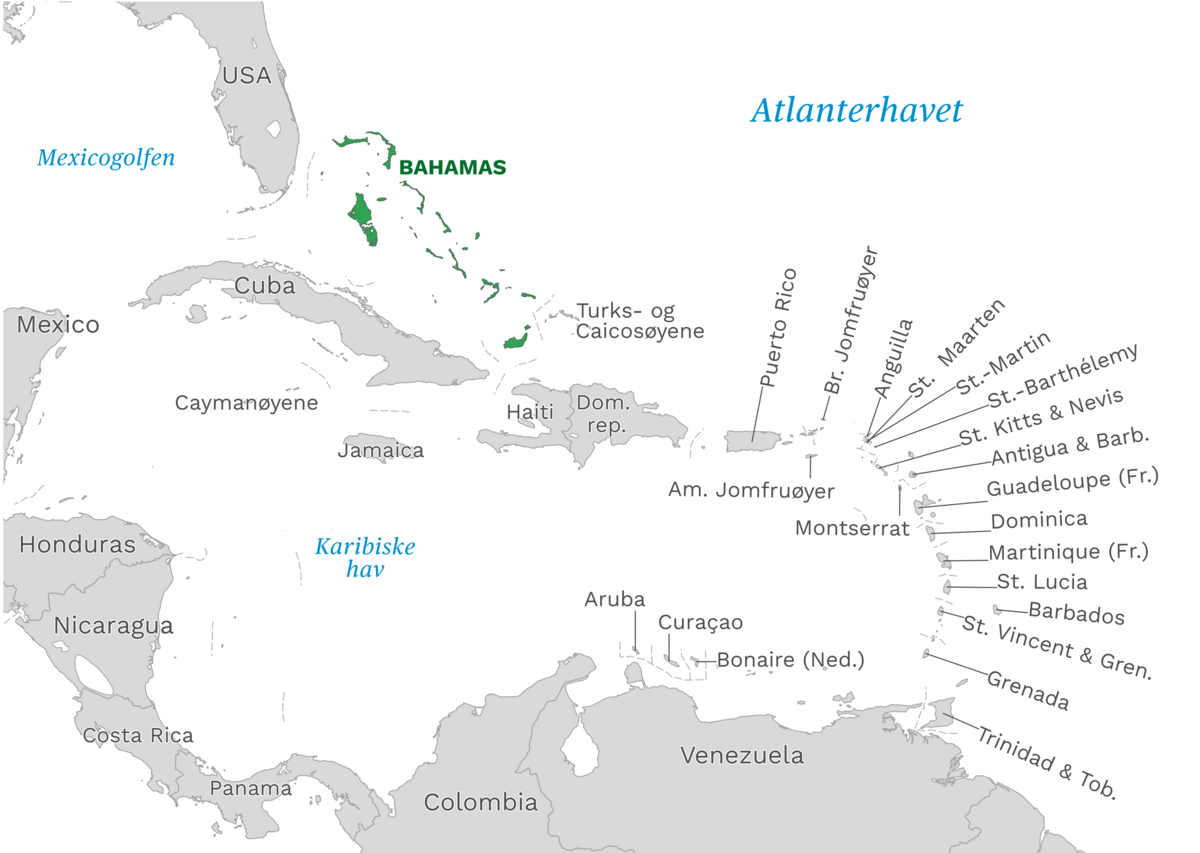 Plassering av Bahamas med naboland rundt, kart.