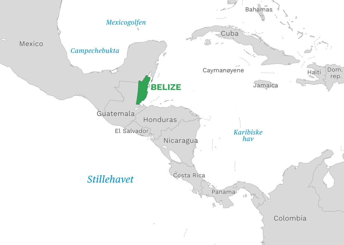 Plassering av Belize med naboland rundt, kart.