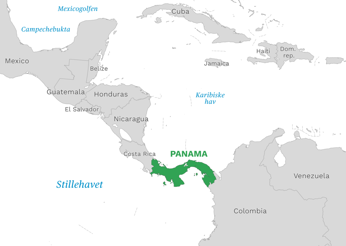 Plassering av Panama med naboland rundt, kart.